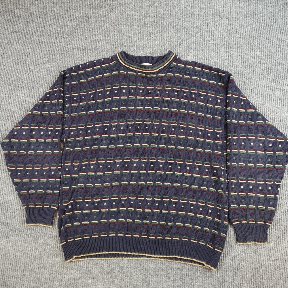 Vintage Bill Blass Sweater Mens Large Blue 3D Knit Crewneck Pullover Striped USA